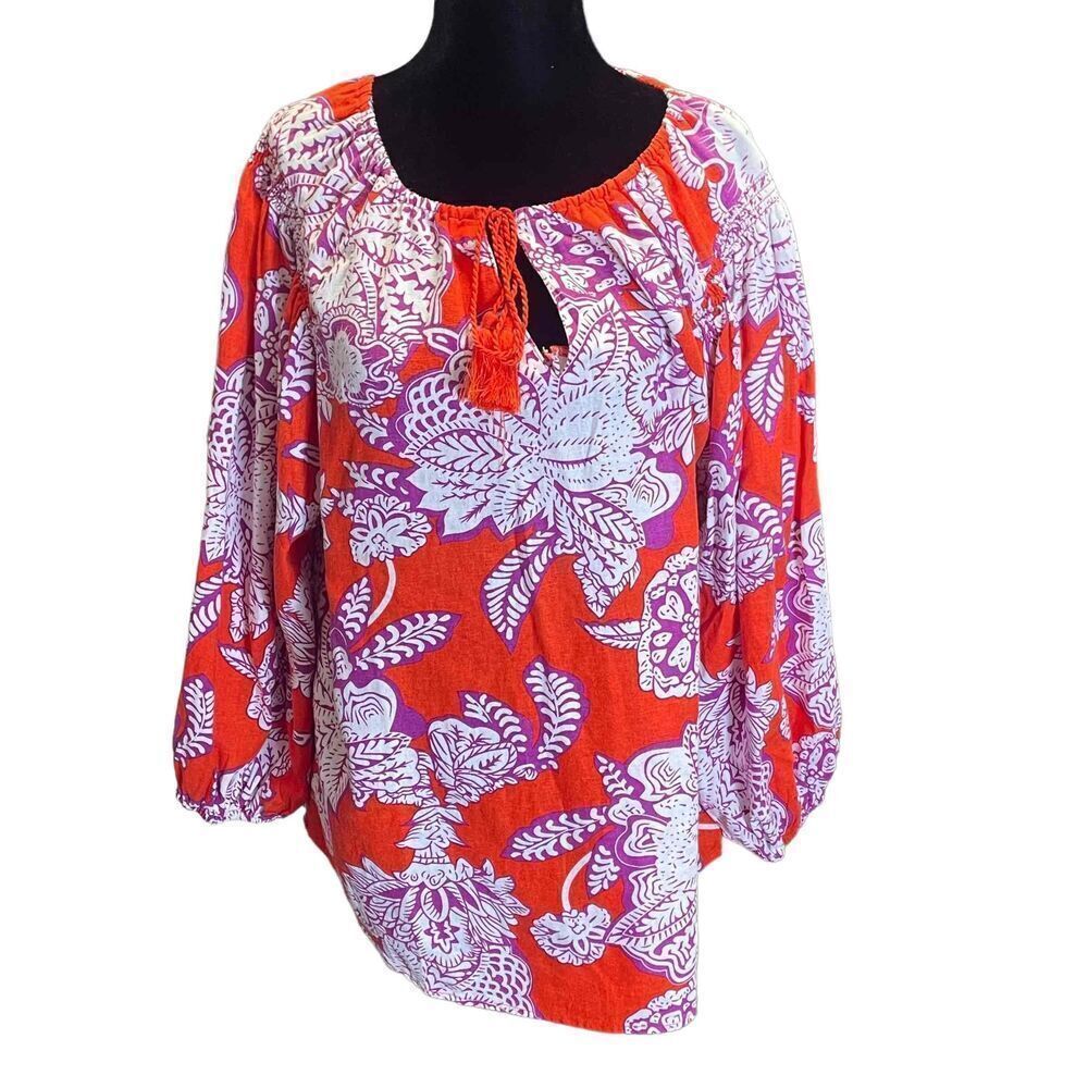 Calligraphie Womens Red Floral Linen Viscose Keyhole Peasant Blouse 1X